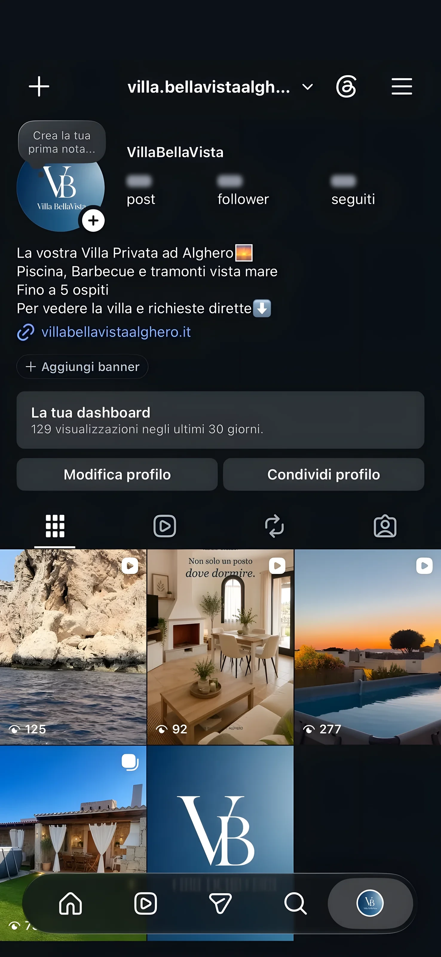 Il profilo Instagram di Villa BellaVista: logo, descrizione, link al sito e i primi post